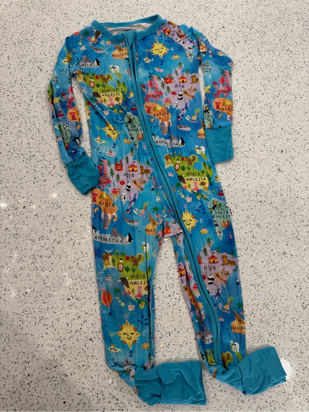 Little Sleepies Bright Blue World Map Zip One-Piece Footed Pajamas